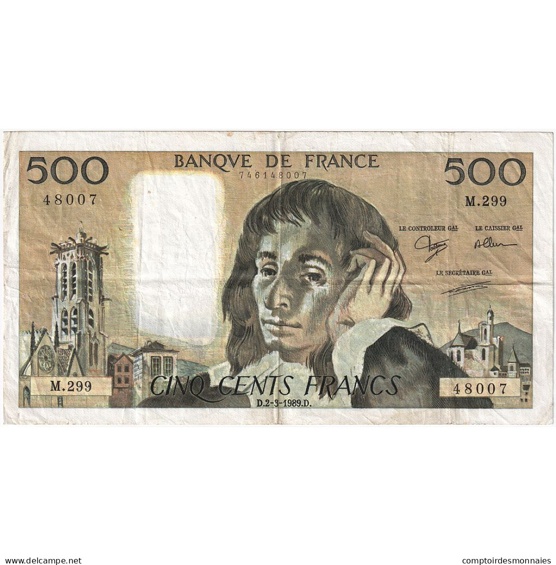 France, 500 Francs, Pascal, 1989, M.299, TTB, Fayette:71.41, KM:156g - 500 F 1968-1993 ''Pascal''