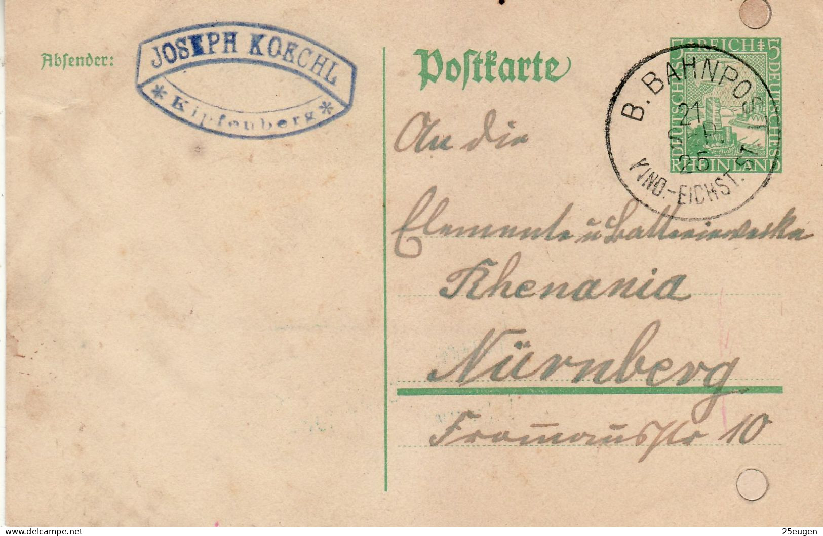 GERMANY WEIMAR REPUBLIC 1925 POSTCARD  MiNr P 204 SENT NUERNBERG /BAHNPOST/ - Postcards