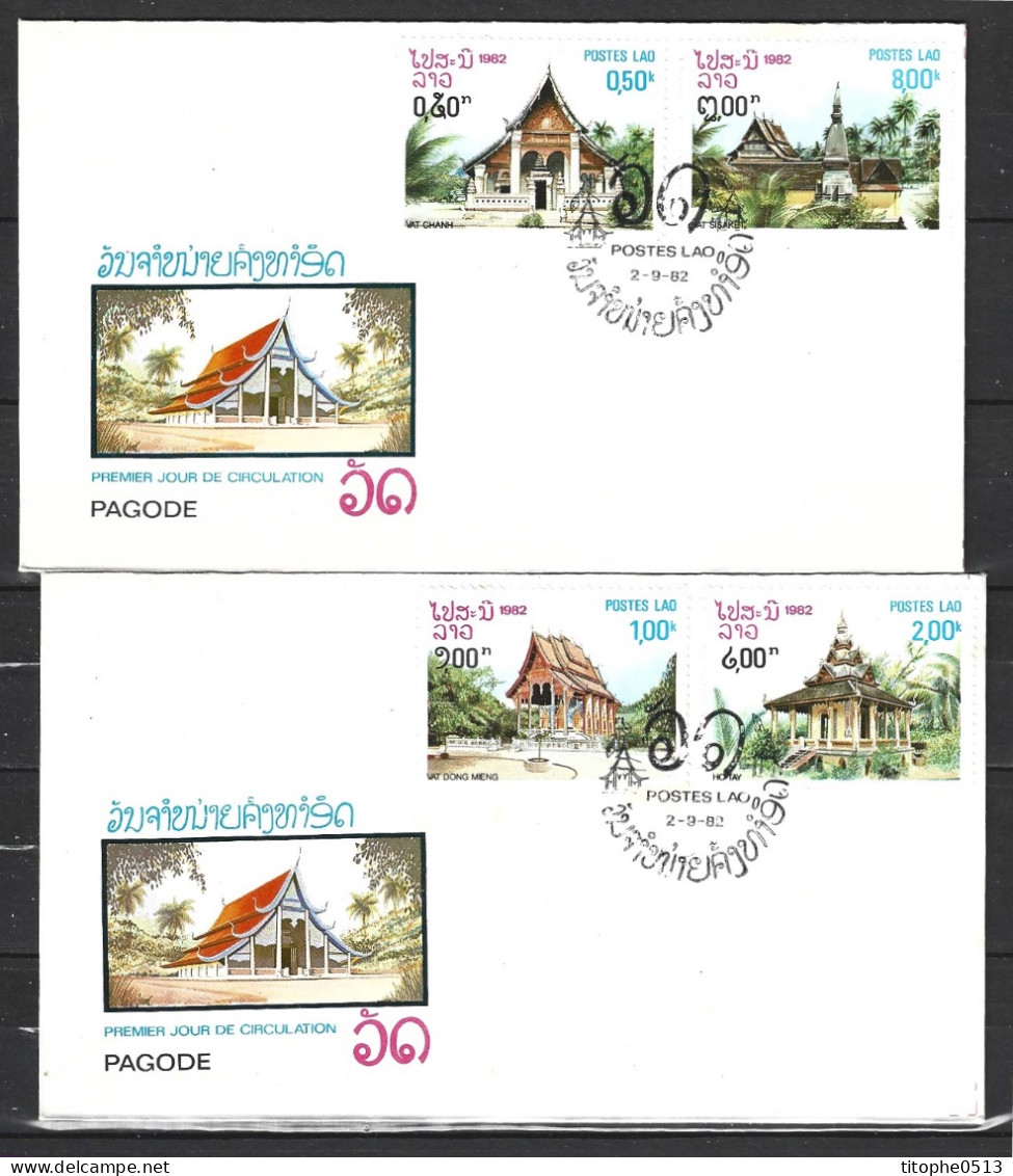 LAOS. N°418 + 420-1 & 423 Sur 2 Enveloppes 1er Jour (FDC's) De 1982. Pagodes. - Buddhismus