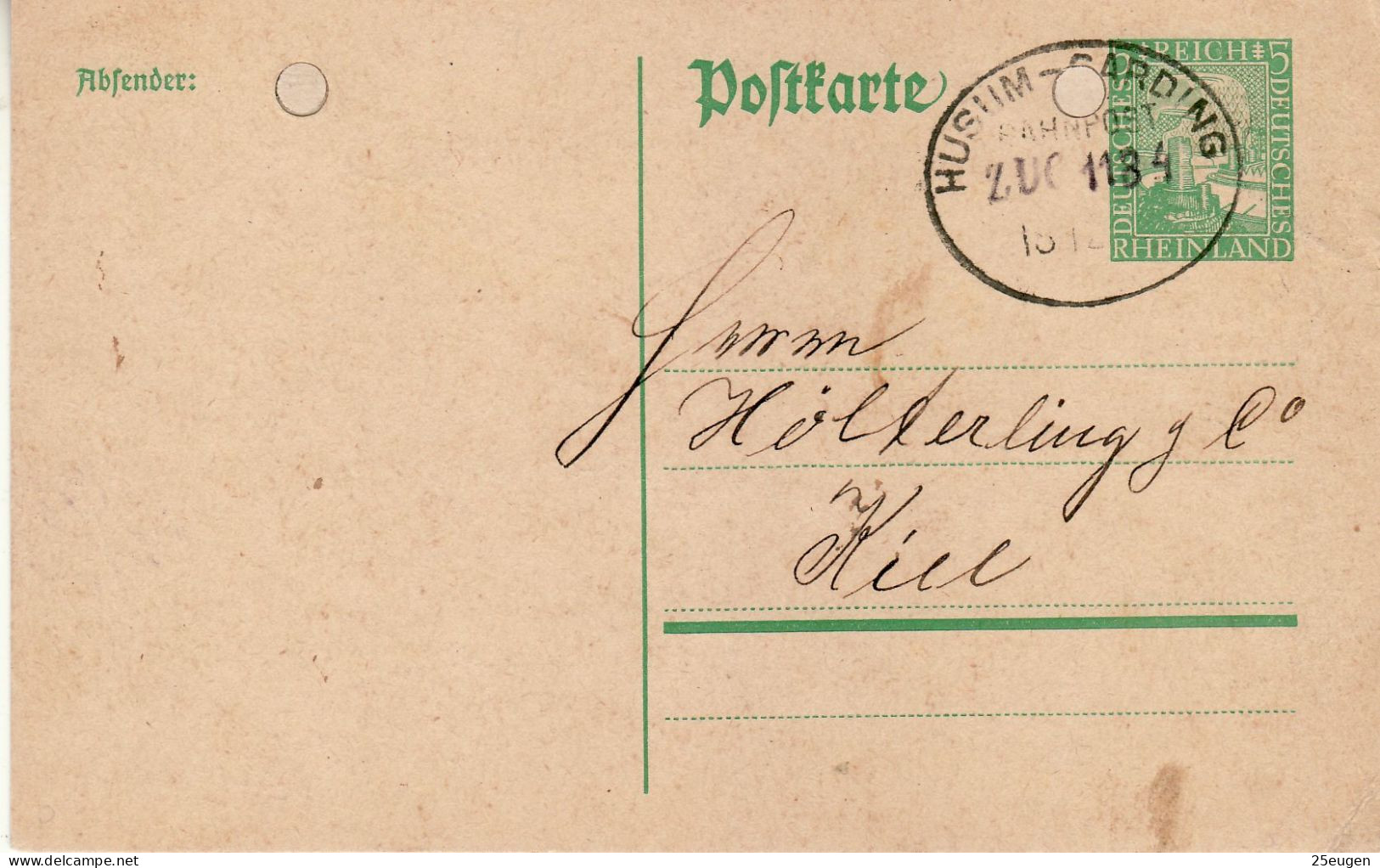 GERMANY WEIMAR REPUBLIC 1925 POSTCARD  MiNr P 204 SENT KIEL /BAHNPOST/ - Cartes Postales