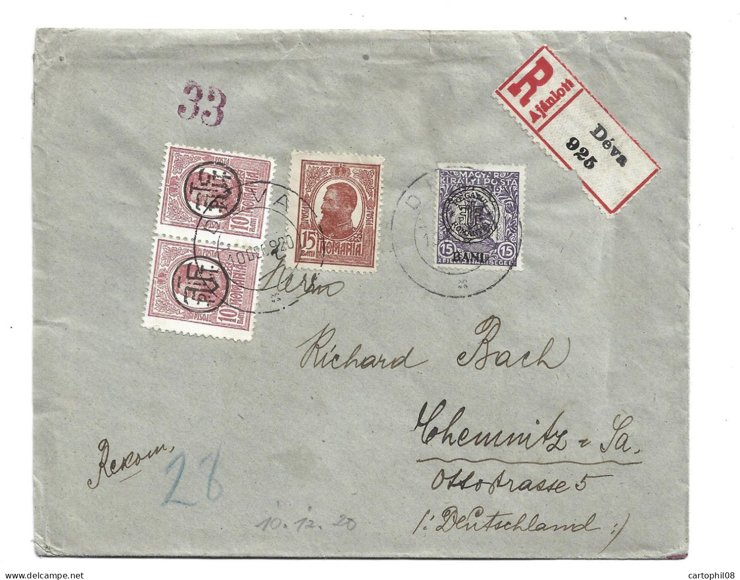 1920 ROMANIA HUNGARY TO GERMANY - REGISTERED COVER CLUJ ORADEA ISSUE MIXED FRANKING CENSORED RARE - DEVA - CENSORED - Other & Unclassified