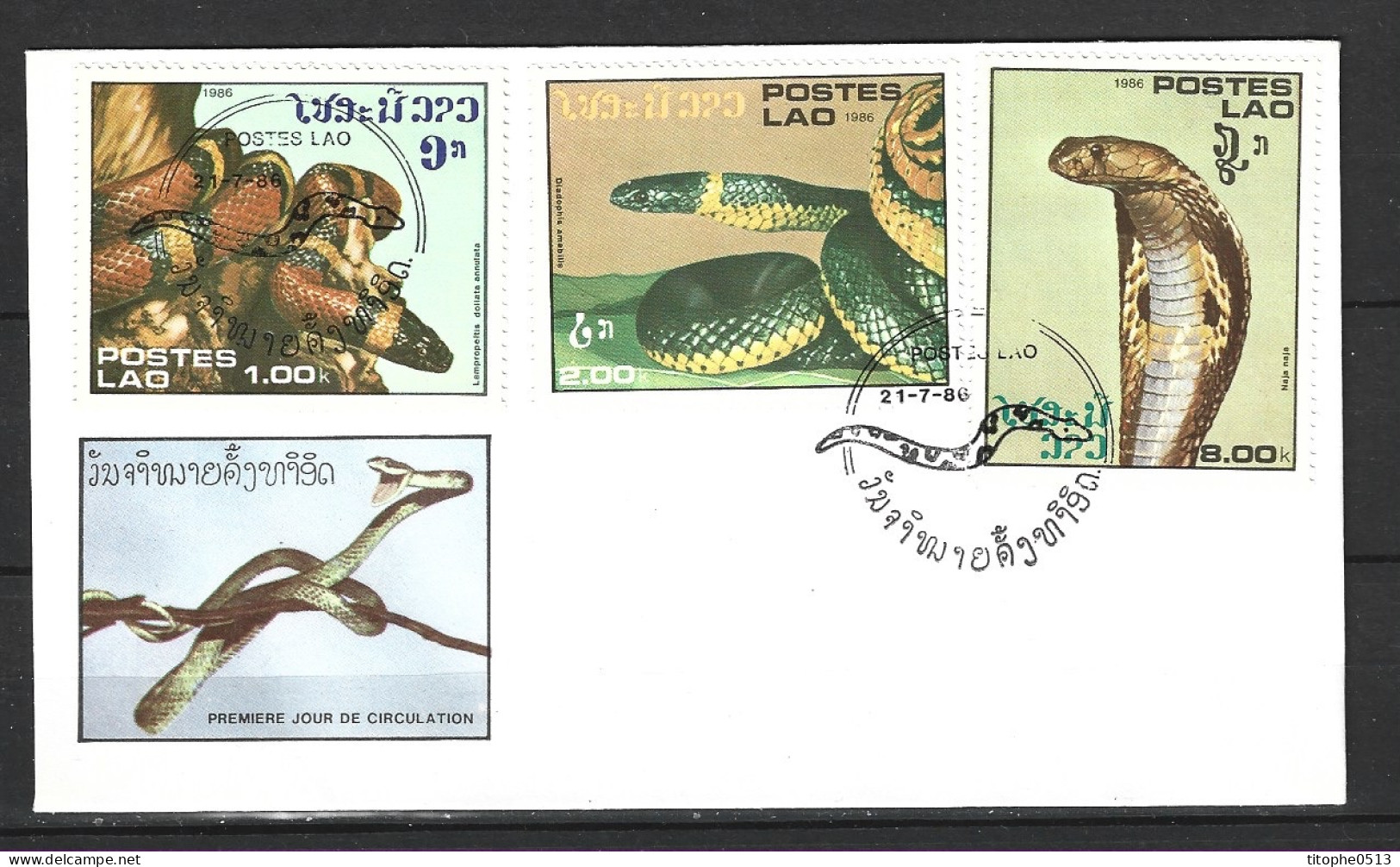 LAOS. N°724-5 & 728 Sur Enveloppe 1er Jour (FDC) De 1986. Serpents. - Serpientes