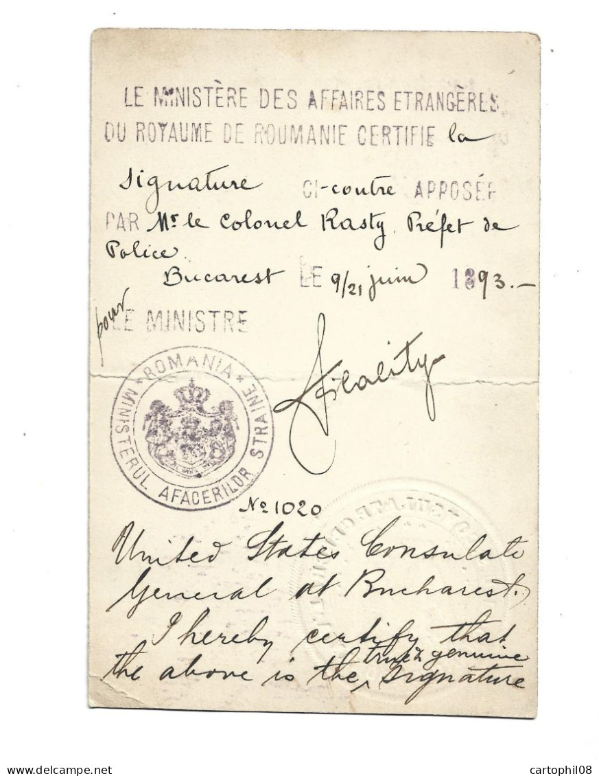 1893 ROMANIA - OFFICIAL STATIONERY - MINISTERUL AFACERILOR EXTERNE - USA CONSULATE - Other & Unclassified