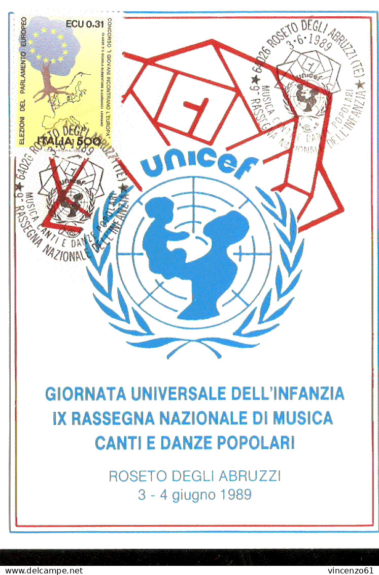 UNICEF CARTOLINA CON ANNULLO SPECIALE RASSEGNA NAZIONALE DELL'INFANZIA 1989 - UNICEF