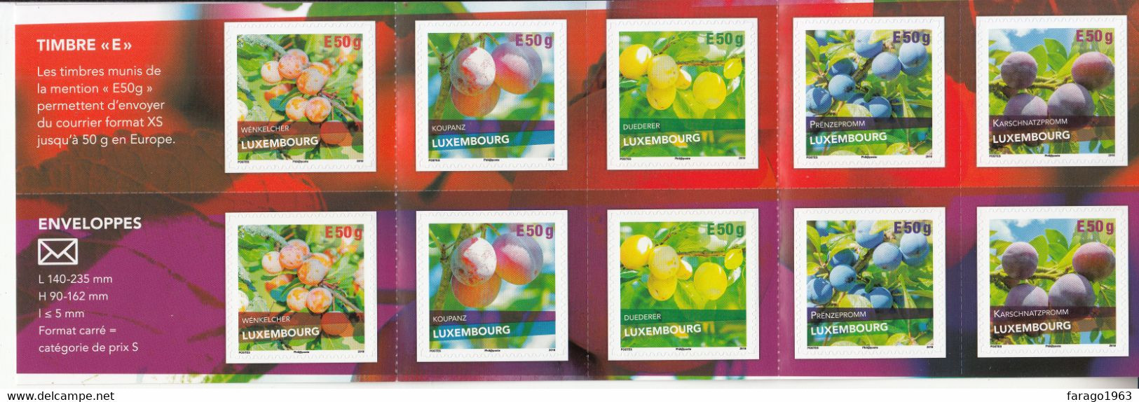 2018 Luxembourg Plums Fruits Complete Booklet Of 10   MNH @ BELOW FACE VALUE - Neufs