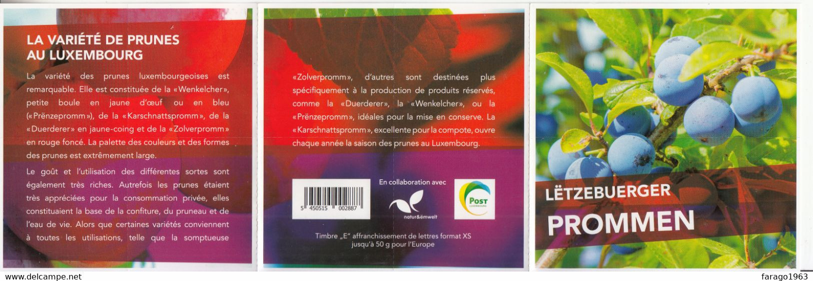 2018 Luxembourg Plums Fruits Complete Booklet Of 10   MNH @ BELOW FACE VALUE - Ongebruikt