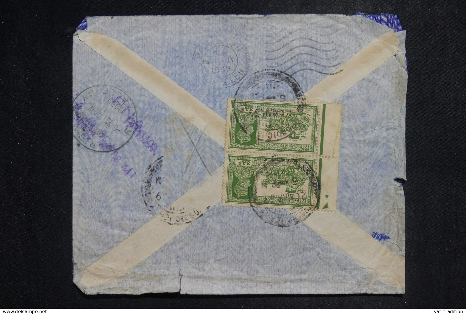 INDES ANGLAISES - Enveloppe Pour La France En 1939, Affranchissement Restant Au Verso - L 150786 - 1936-47 King George VI