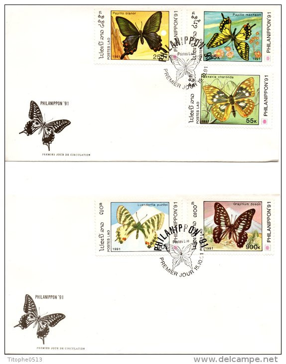 LAOS. N°1014-8 Sur 2 Enveloppes 1er Jour (FDC's) De 1991. Papillons. - Papillons