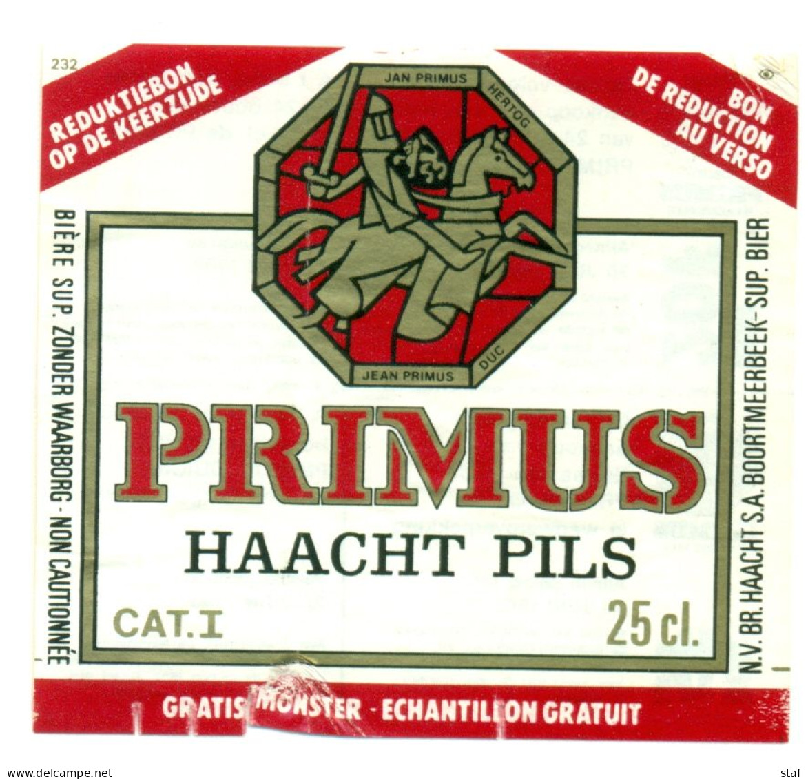 Oud Etiket Bier Primus Haacht Pils Gratis Monster Met Reductiebon Op Keerzijde - Brouwerij  Haacht Te Boortmeerbeek - Bière