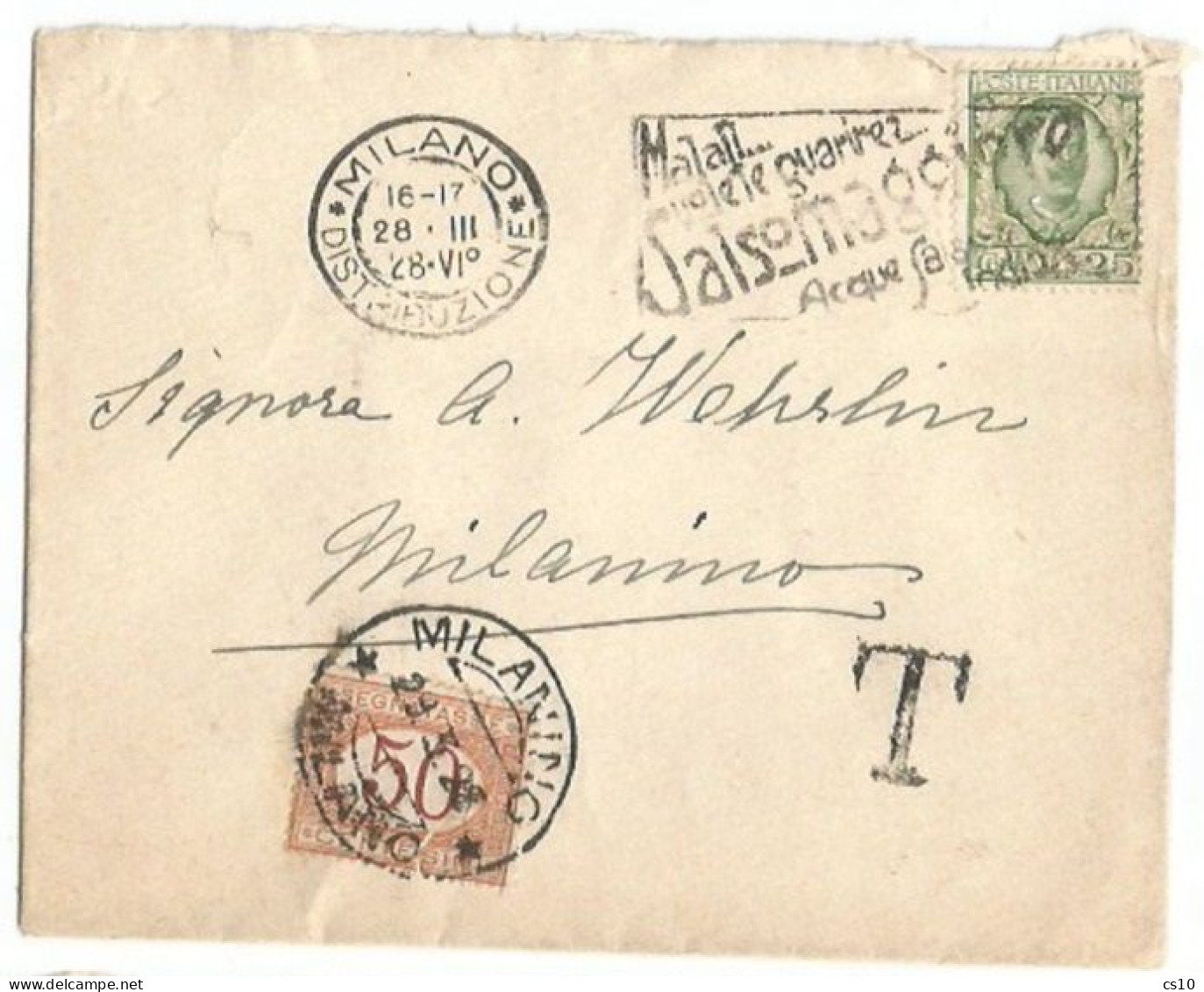 Regno Tasse C50 Lettera Fuori Distretto Milano 28mar1928 X MILANINO Floreale C25 - Postage Due