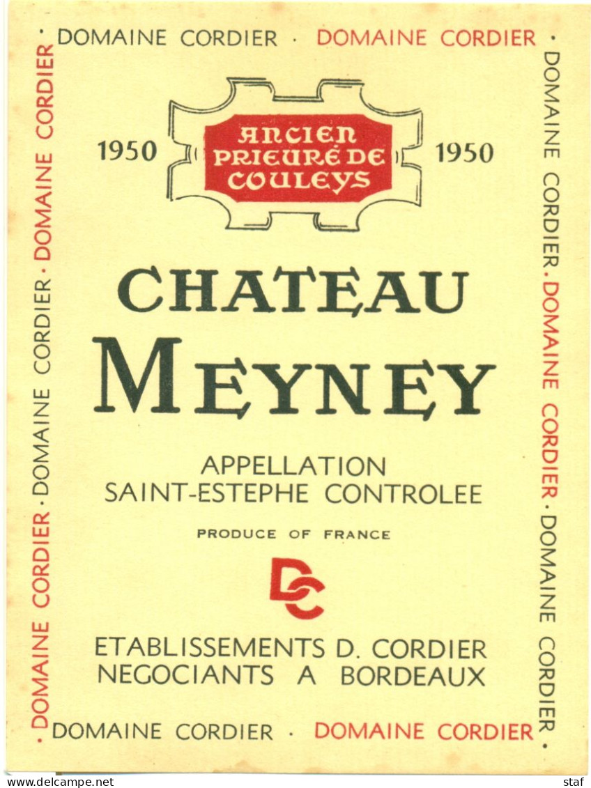 (M19) Etiquette - Etiket - Château Meyney - Domaine Cordier - Saint-Estèphe 1950 - Autres & Non Classés