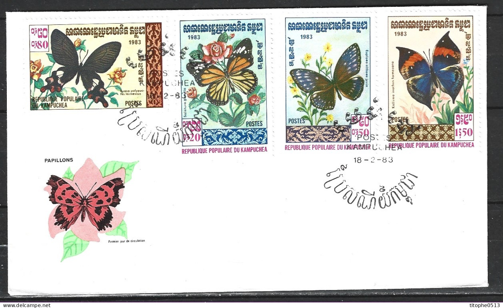 KAMPUCHEA. N°369-71 & 373 Sur Enveloppe 1er Jour (FDC) De 1983. Papillons. - Papillons