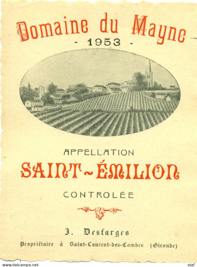 (M23) Etiquette - Etiket - Domaine Du Mayne - Saint-Emilion 1953 - Otros & Sin Clasificación