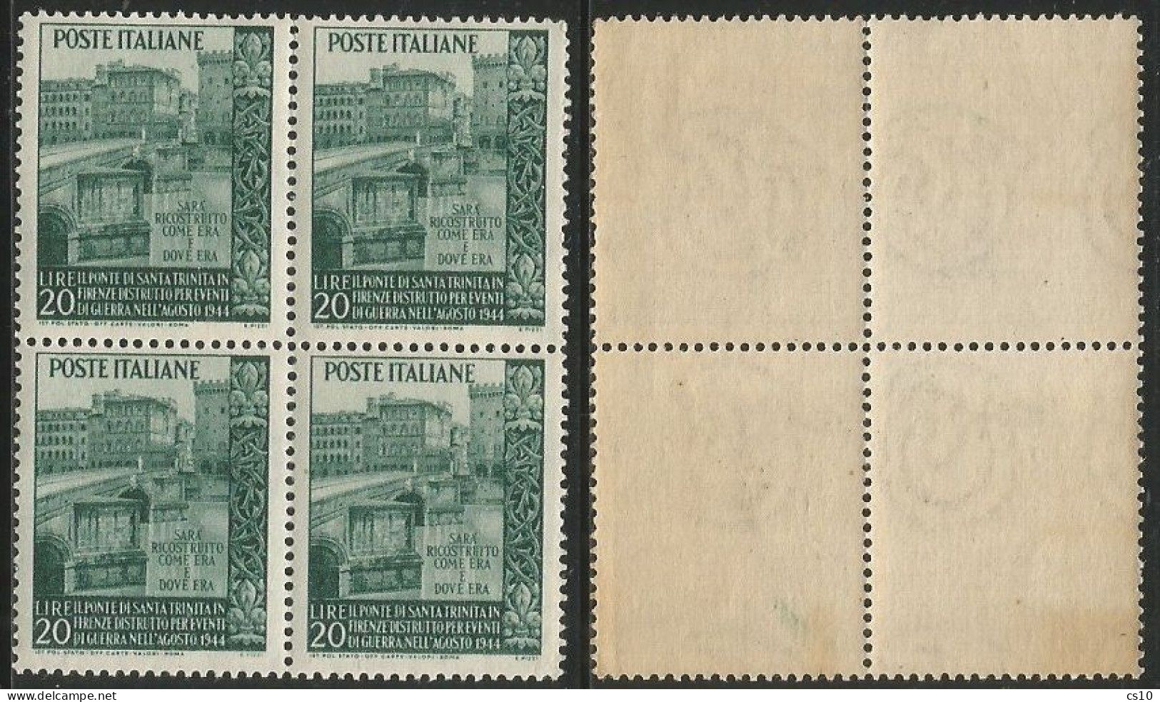 REPUBBLICA 1949 PONTE S. TRINITA' FIRENZE L.20 **MNH - QUARTINA / BLOCCO DI 4 - Sammlungen