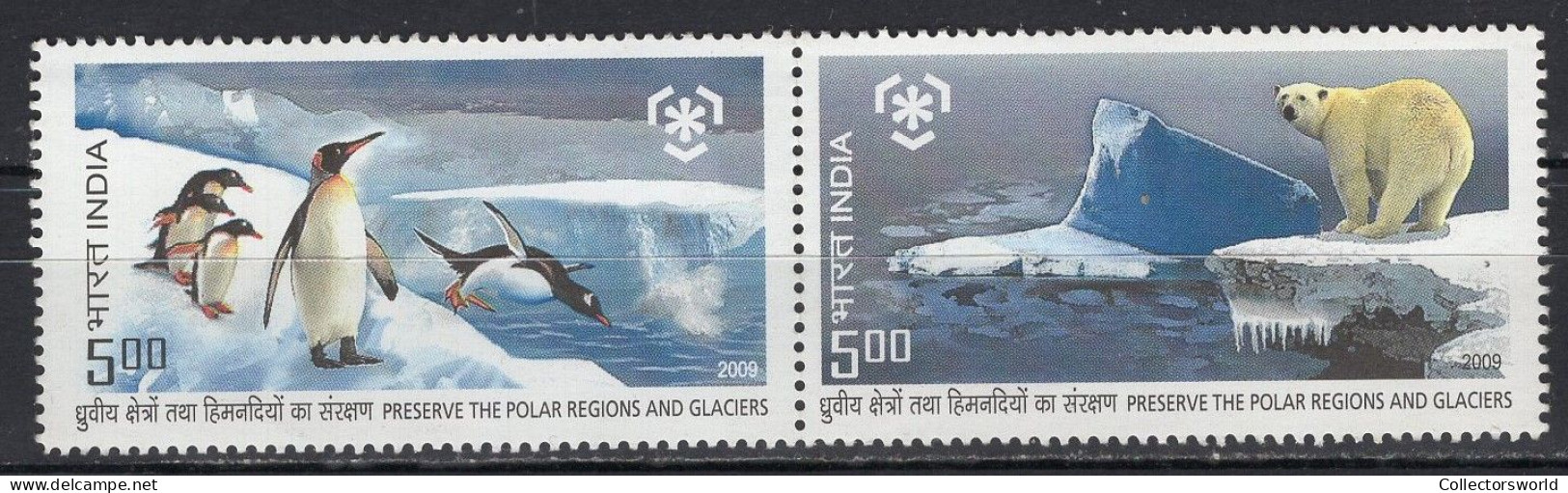 India 2009 Serie 2v In Pair Preserve Polar Region And Glaciers Polar Bear Penguin Fauna MNH - Unused Stamps