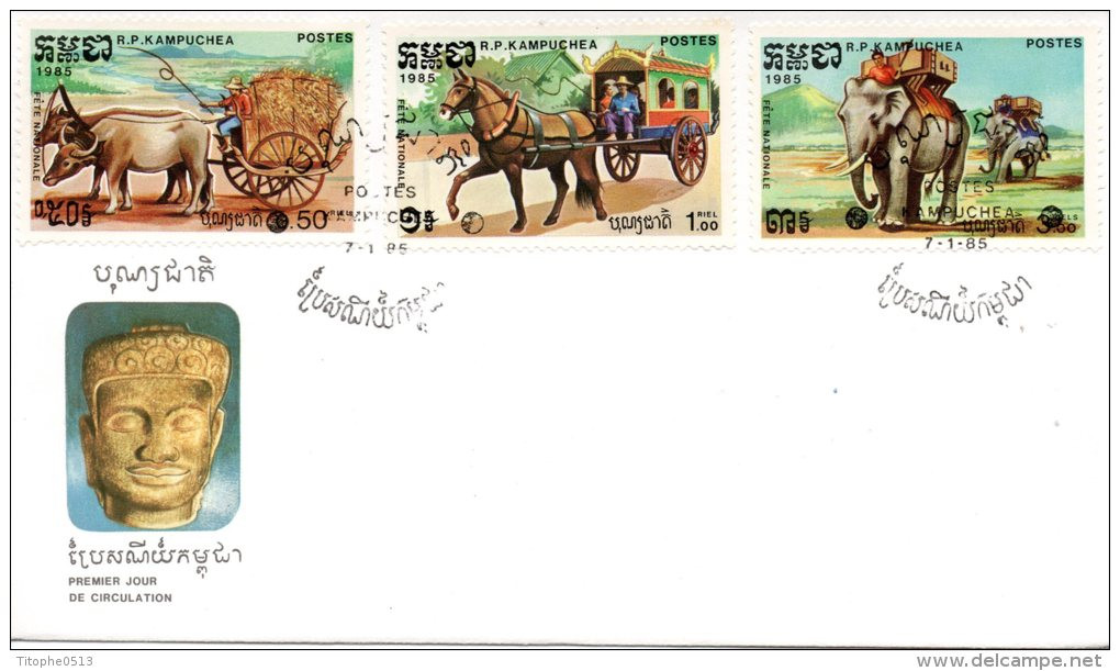 KAMPUCHEA. N°519-21 Sur Enveloppe 1er Jour (FDC) De 1985. Fête Nationale/Buffle/Cheval/Eléphant. - Elefanti