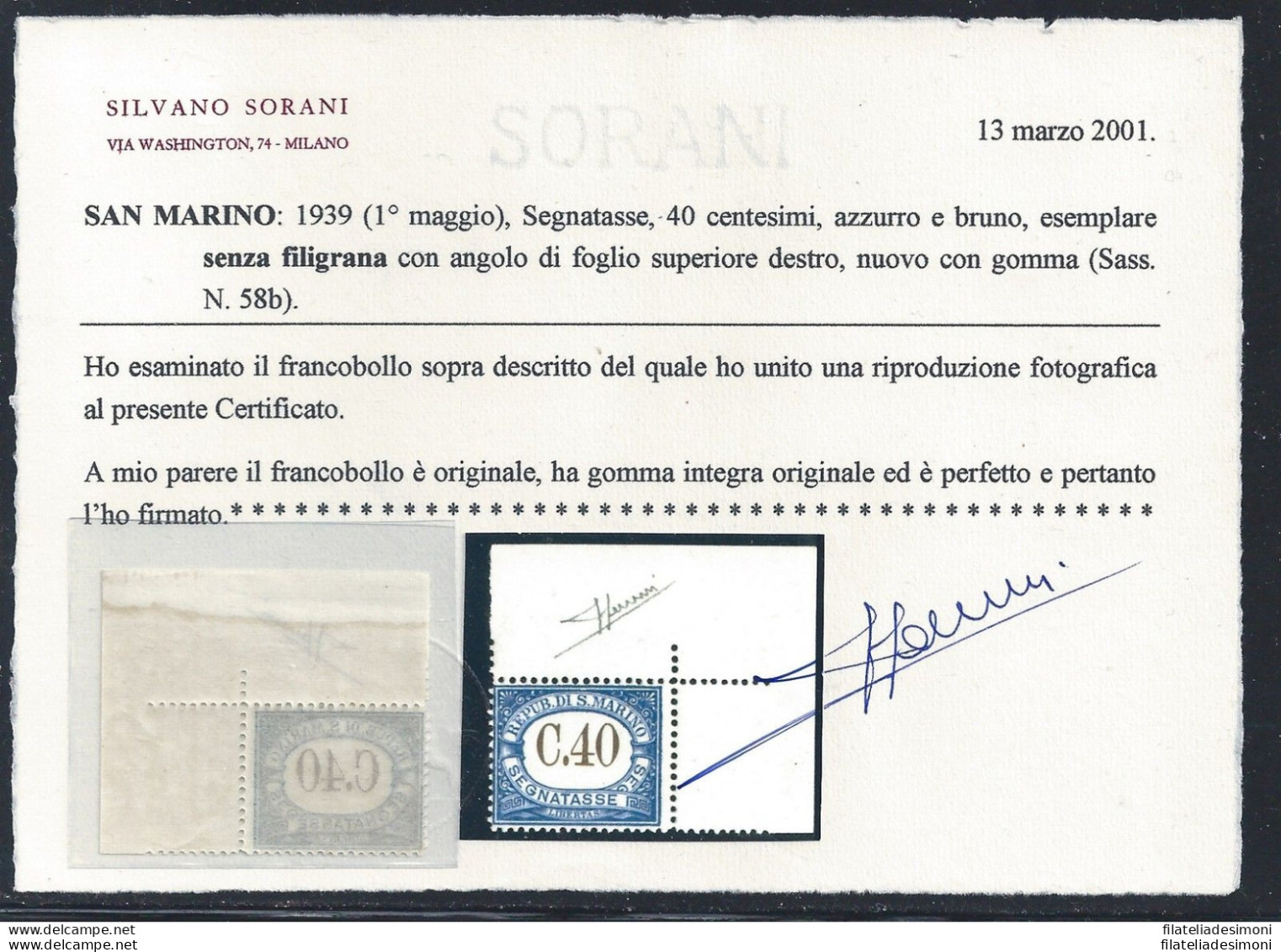 1939 SAN MARINO, Tasse N. 58b - 40 Cent Azzurro E Bruno - Senza Filigrana - MNH* - Varietà & Curiosità