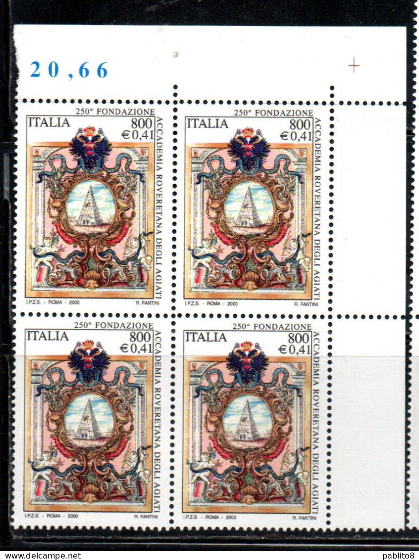 ITALIA REPUBBLICA ITALY REPUBLIC 2000 FONDAZIONE DELL'ACCADEMIA ROVERETANA DEGLI AGIATI ACCADEMY QUARTINA ANGOLO MNH - 1991-00: Mint/hinged