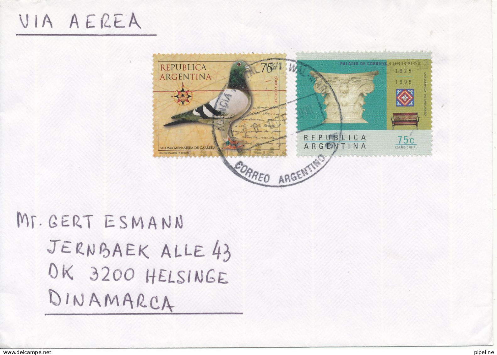 Argentina Cover Sent To Denmark 26-10-2000 Topic Stamps Incl. Pigeon - Cartas & Documentos