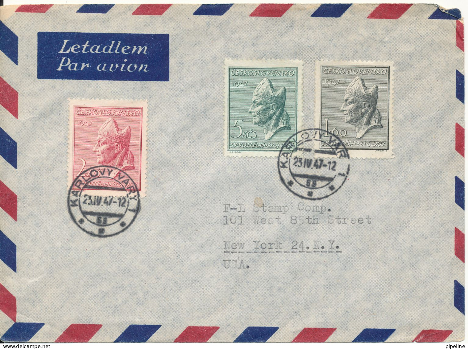 Czechoslovakia Air Mail Cover Sent To USA Karlovy Vary 23-4-1947 With Complete Set Of 3 - Poste Aérienne