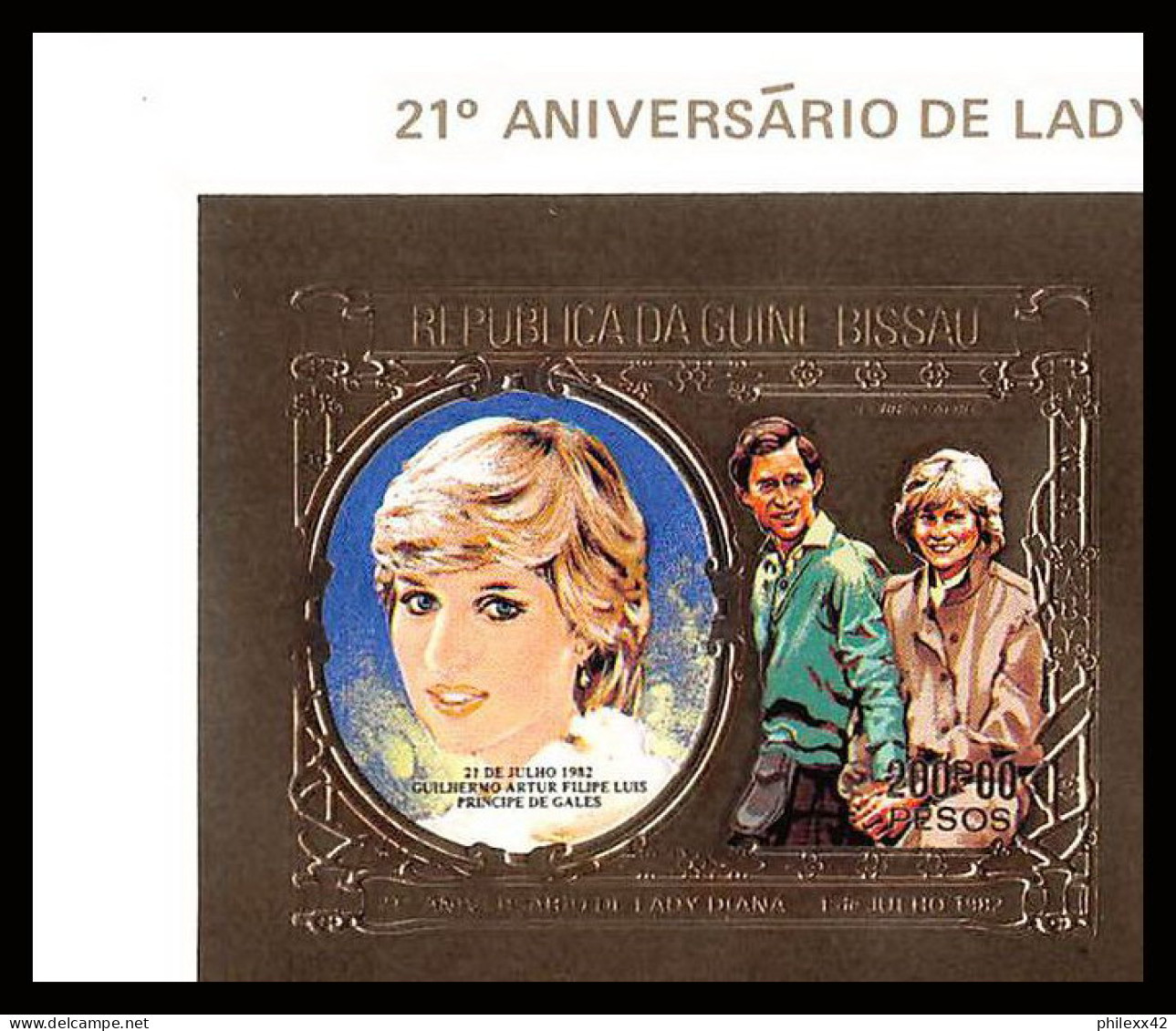 86335b Mi N°646 B Overprint Surcharge Lady DI Diana Prince William Guinée-Bissau Guinea 1982 OR Gold Non Dentelé Imperf - Guinée-Bissau