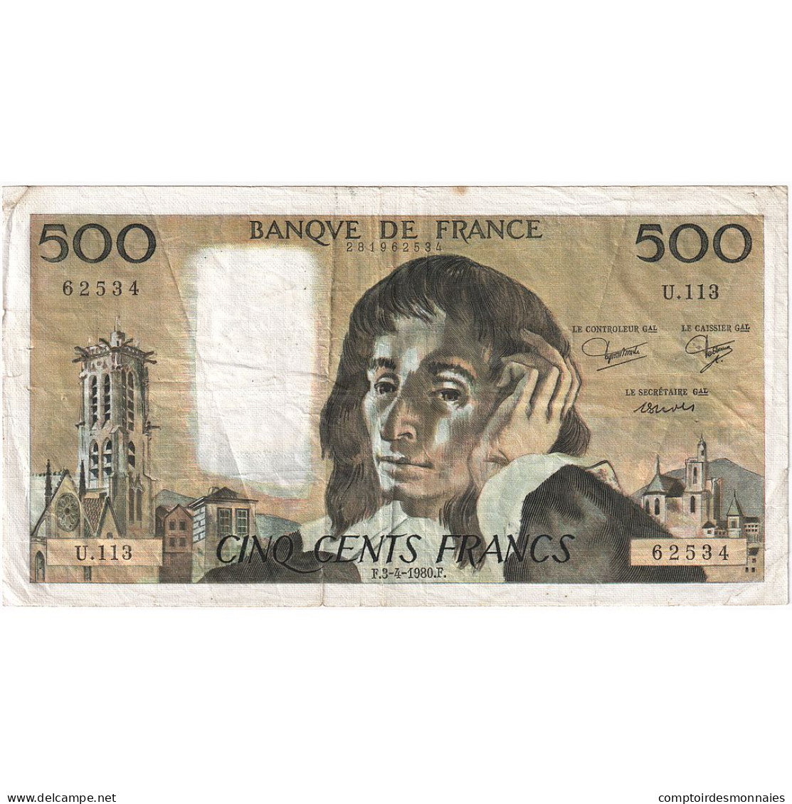 France, 500 Francs, Pascal, 1980, U.113, TB+, Fayette:71.21, KM:156e - 500 F 1968-1993 ''Pascal''