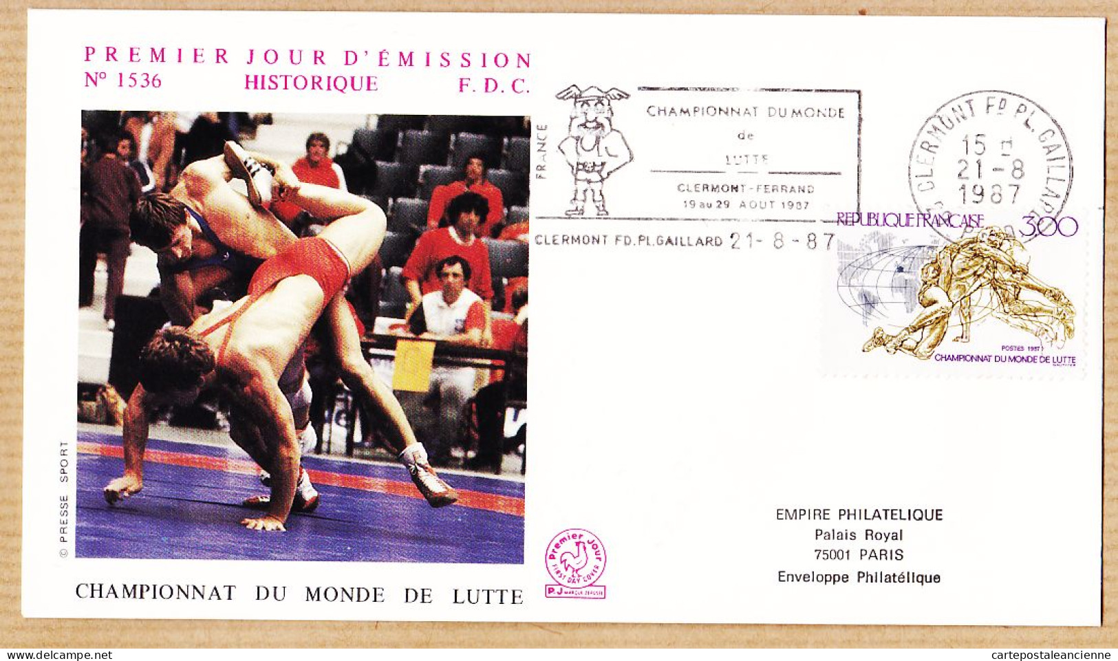 14281 / FDC Championnat Du Monde De LUTTE 21 Aout 1987 Flamme CLERMONT-FERRAND  Premier Jour Emission N° 1536 - Lutte