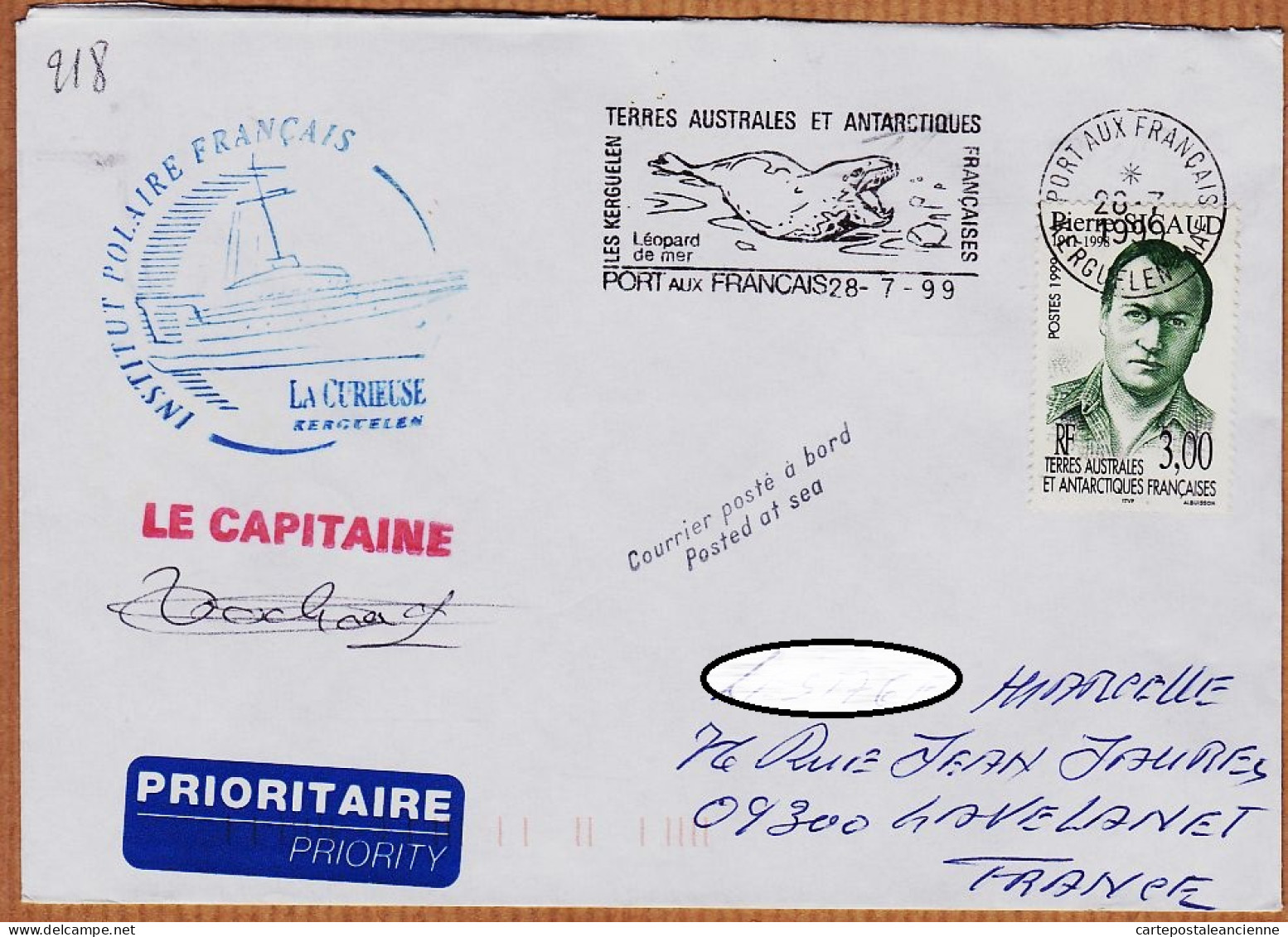 14064 / TAAF Fregate LA CURIEUSE Institut Polaire KERGUELEN Capitaine Courrier Posté Bord 1999 PORT-aux-FRANCAIS T.A.A.F - Brieven En Documenten