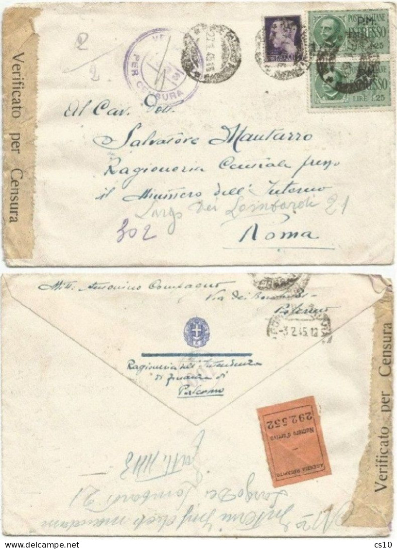 LUOGOTENENZA Espresso PM Posta Militare L.1,25 Coppia + Imp.L.1 Palermo 27gen1945 X Roma Censura + Agenzia Recapito - Eilsendung (Eilpost)