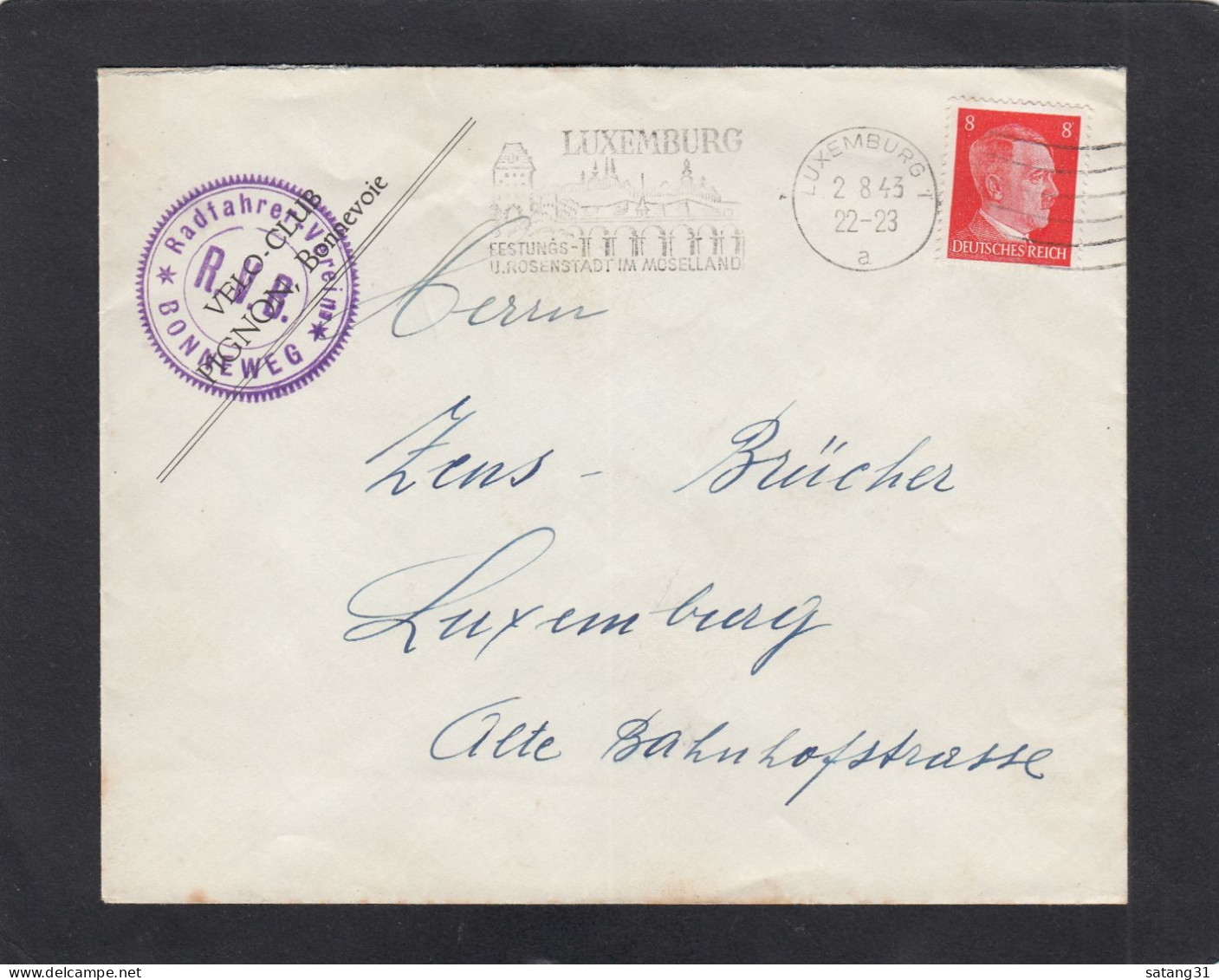 RADFAHRERVEREIN BONNEWEG.ORTSBRIEF MIT SONDERSTEMPEL"LUXEMBURG FESTUNGS- U. ROSENSTADT IM MOSELLAND",1943. - 1940-1944 Occupazione Tedesca