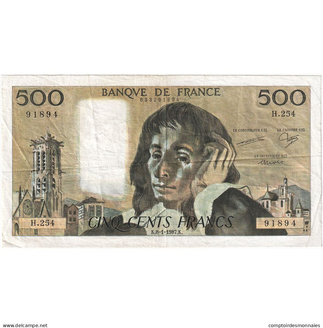 France, 500 Francs, Pascal, 1987, H.254, TTB, Fayette:71.35, KM:156f - 500 F 1968-1993 ''Pascal''