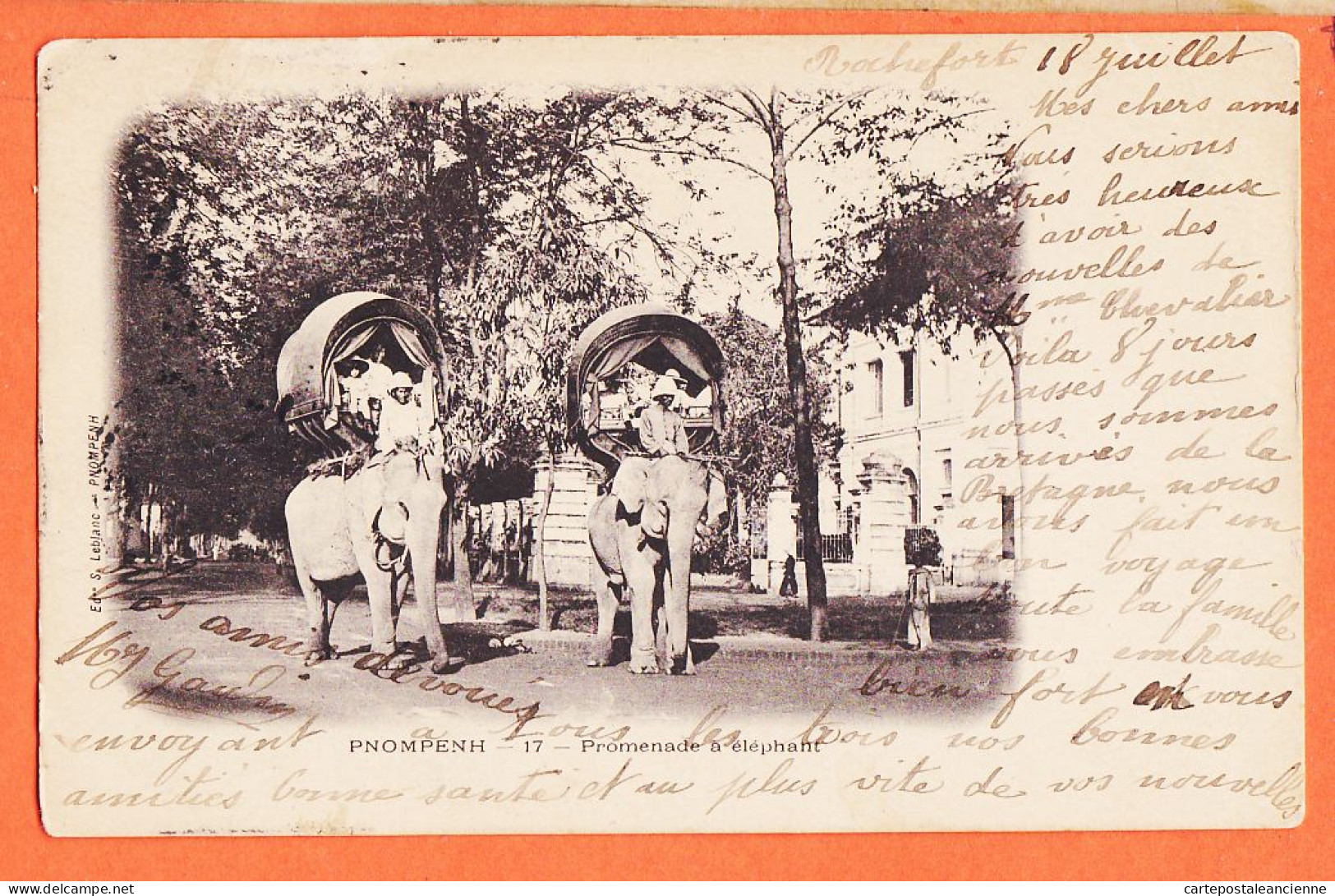 23832 / PNOMPENH Cambodge Promenade Elephant 1908 à Edouard CHEVALIER Maitre Port Saint-Martin-Ré LEBLANC Pnom-Penh - Cambodge