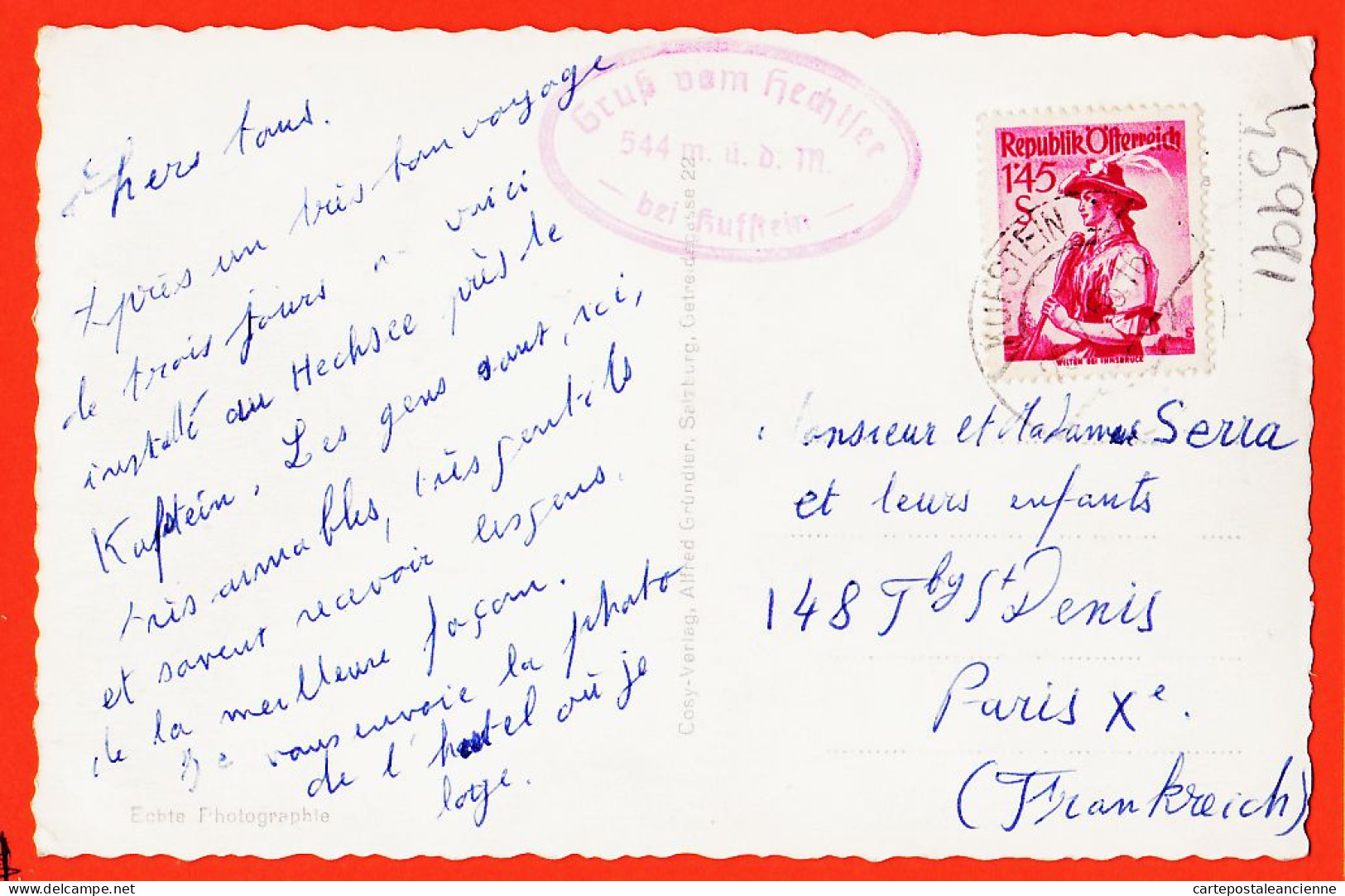23673 / KUFSTEIN Tirol Hotel HECHTSEE 1950s à SERRA Faubourg Saint-Denis Paris / Photo-Bromure ALFRED GRUNDER - Kufstein
