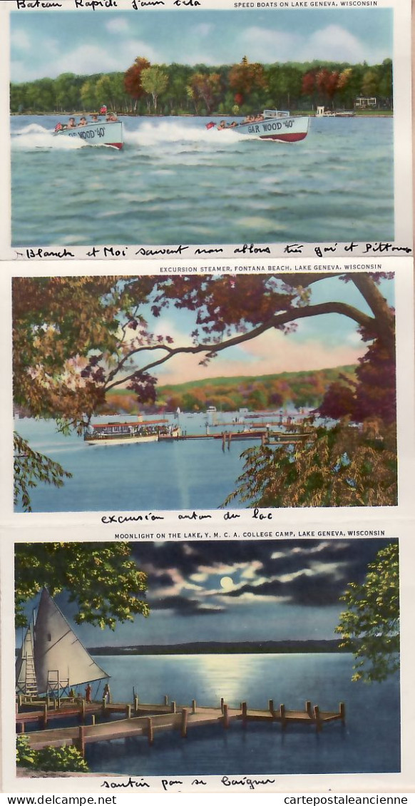 23968 / ⭐ Rare 18 Select Views GREETINGS from LAKE GENEVA WISCONSIN 1950s COMPLETE SET in COVER USA