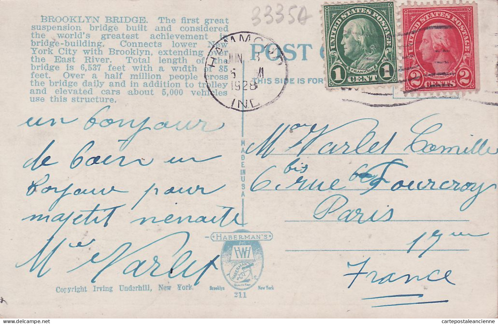 23887 / ⭐ NY BROOKLYN BRIDGE WOOLWORTH BUILDING NEW YORK Postmark 1928 Published HABERMAN'S N°17019 - Brooklyn