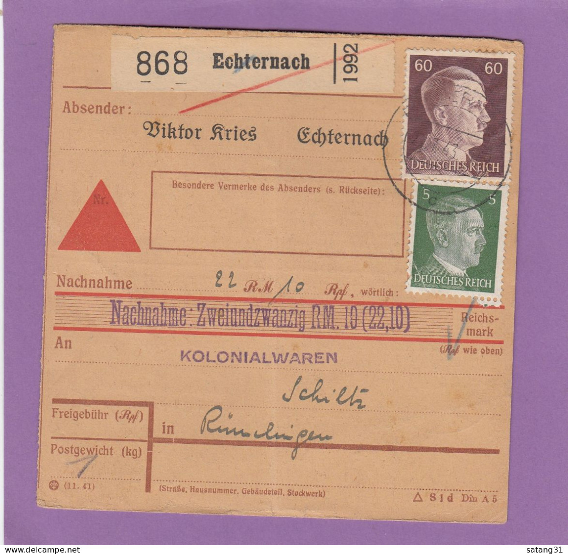 PAKETKARTE PER NACHNAHME AUS ECHTERNACH(VICTOR KRIES TABAKFABRIK) NACH RÜMELINGEN,1943. - 1940-1944 Ocupación Alemana