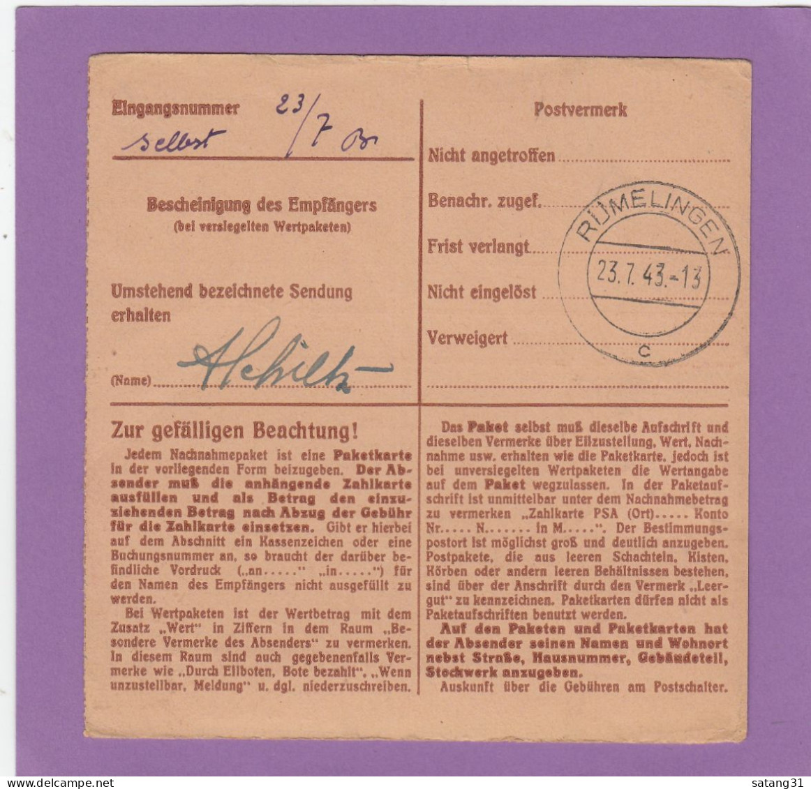 PAKETKARTE PER NACHNAHME AUS ECHTERNACH(VICTOR KRIES TABAKFABRIK) NACH RÜMELINGEN,1943. - 1940-1944 Occupation Allemande