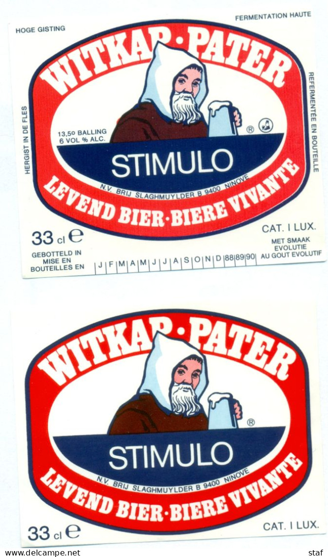 2 Verschillende Oude Etiketten Bier Witkap Pater Stimulo - Brouwerij / Brasserie Slaghmuylder Te Ninove - Bière