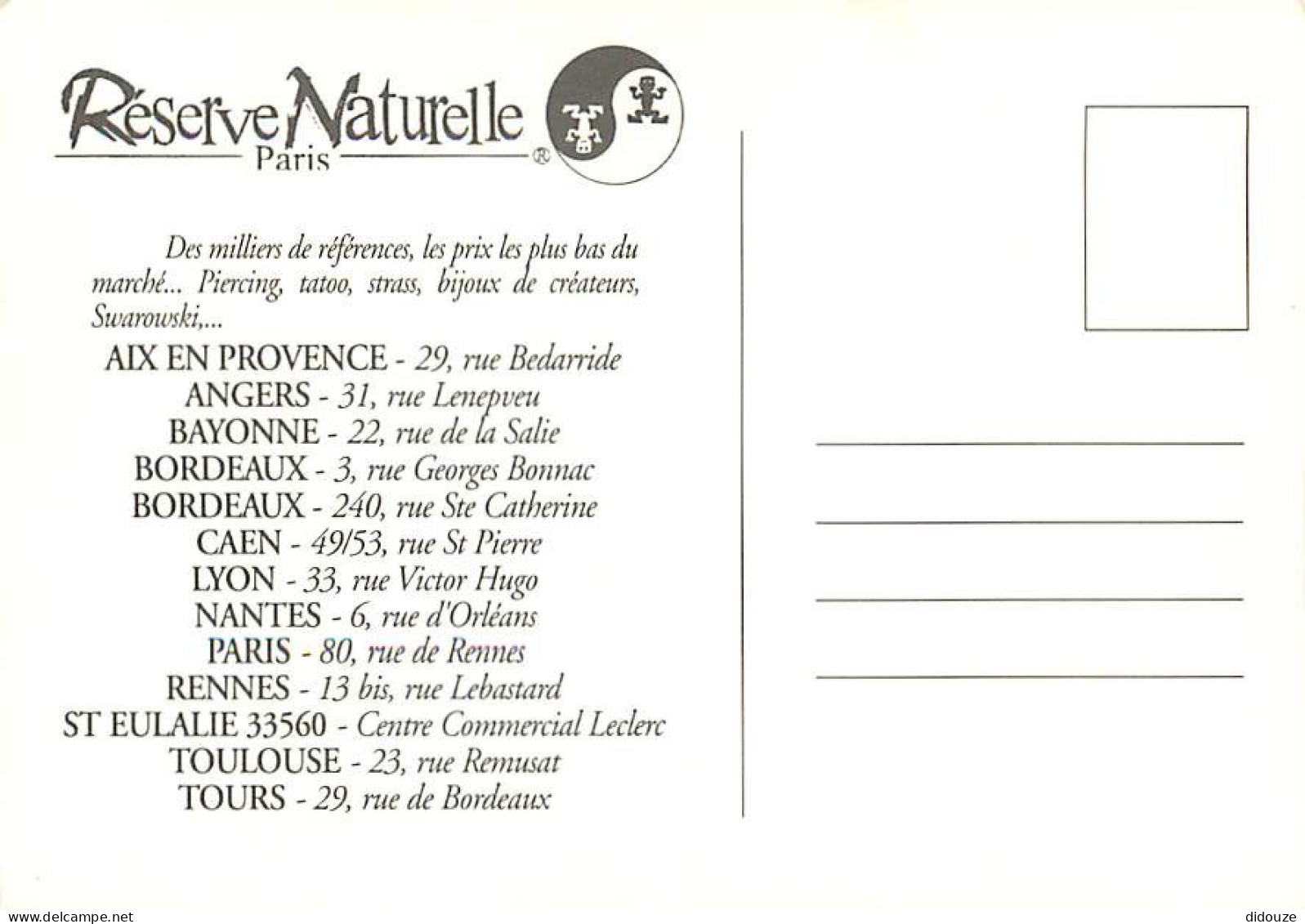 Publicite - Réserve Naturelle Paris - Piercing Tatoo Strass Bijoux De Créateurs Swarowski - Carte Neuve - CPM - Voir Sca - Reclame