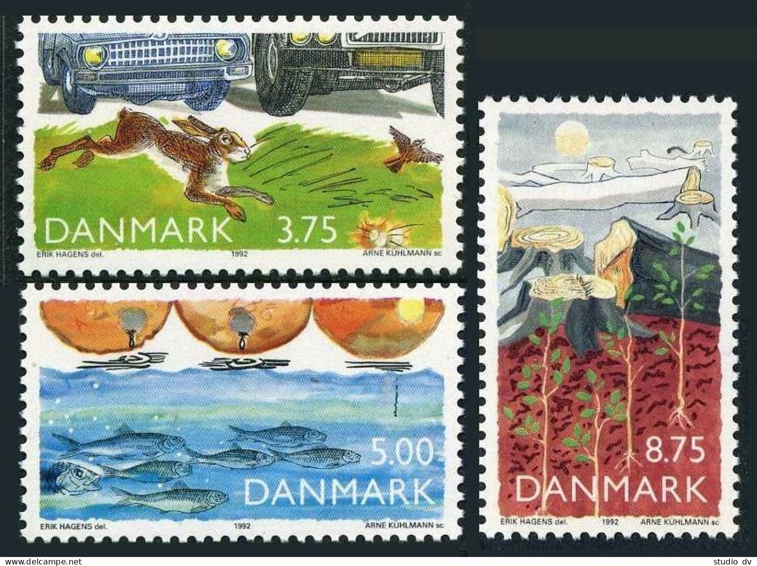 Denmark 961-963,MNH.Mi 1032-1034. Environment,1992.Hare,bird,Fish,Cut Trees. - Nuevos