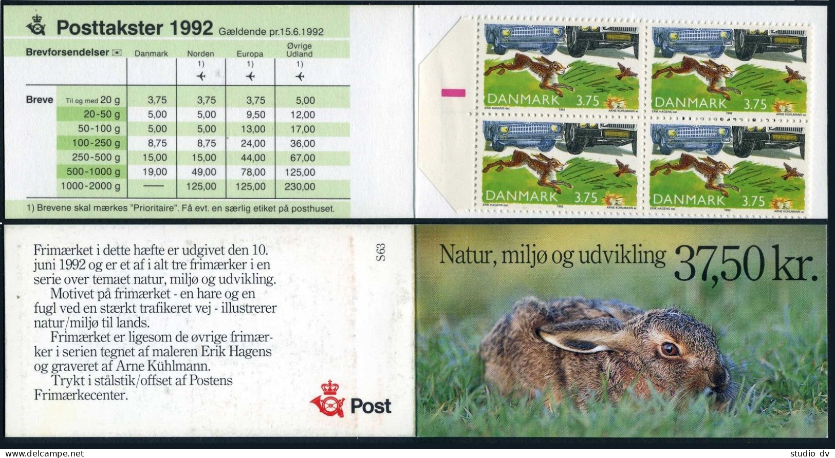 Denmark 961 Booklet,MNH.Michel 1032 MH. Protect The Environment,1992.Hare. - Unused Stamps