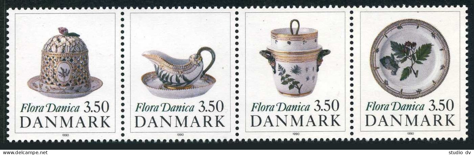 Denmark 916-919a Strip, MNH. Mi 977-980. Flora Danica Porcelain 200th Ann. 1990. - Neufs