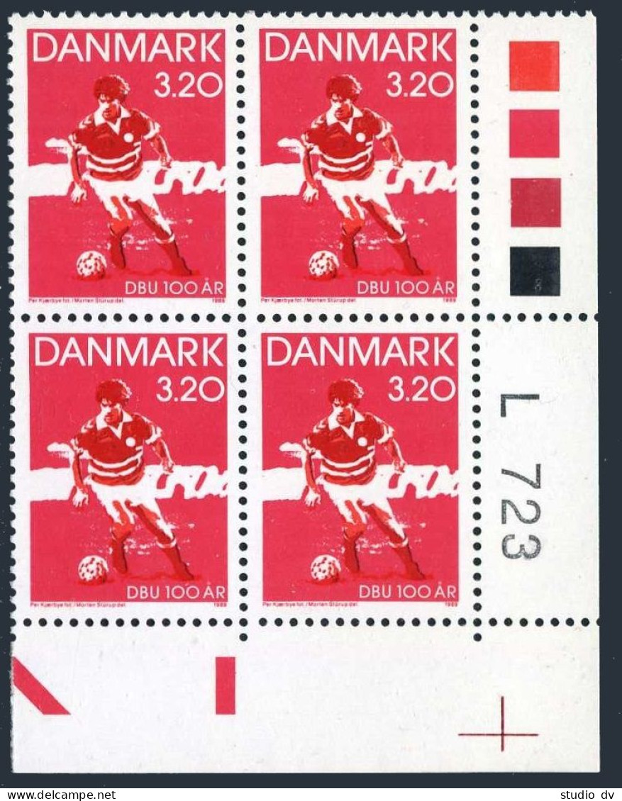 Denmark 866 Plate Block/4,MNH.Mi 945. Danish Soccer Association,centenary,1989. - Ungebraucht