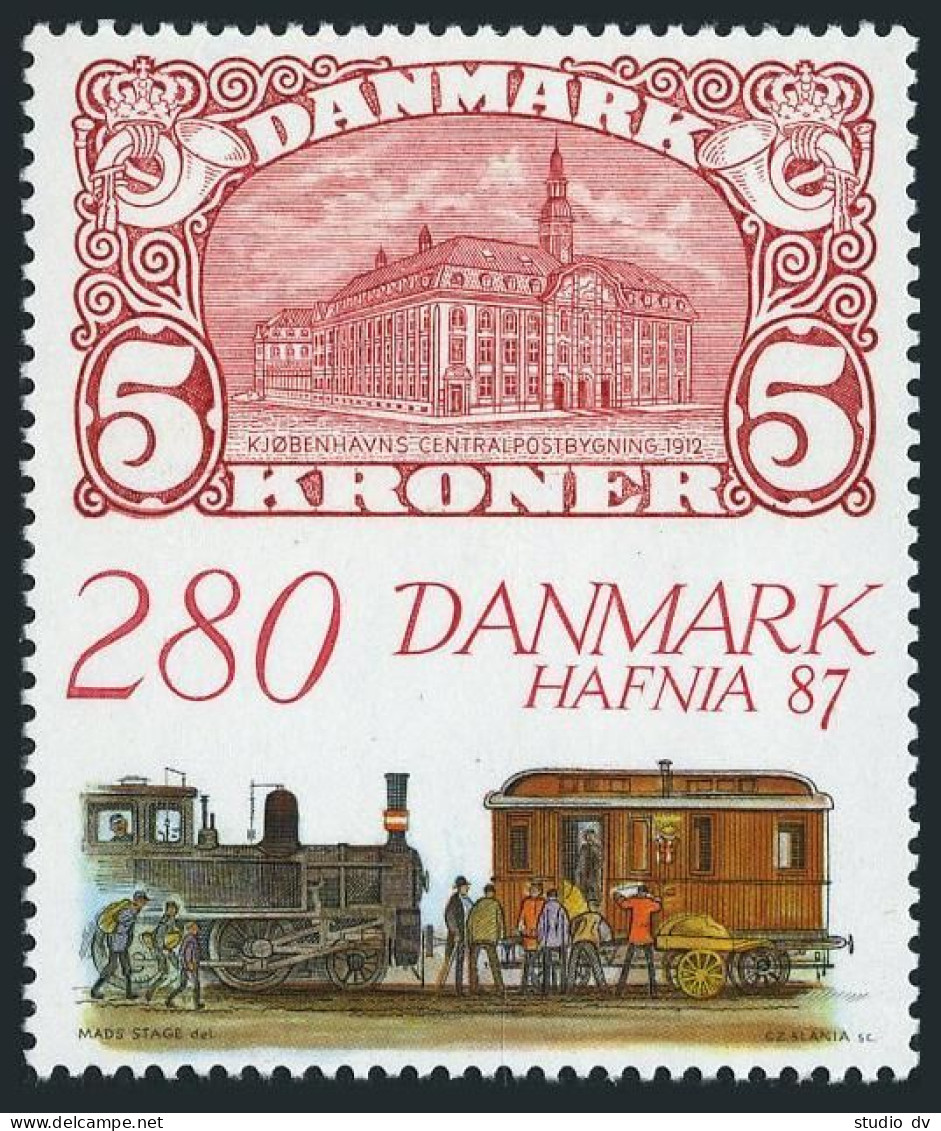Denmark 843, 843A, MNH. Michel 900, Bl.7. HAFNIA-1987. Bela Center, Mail Train. - Neufs