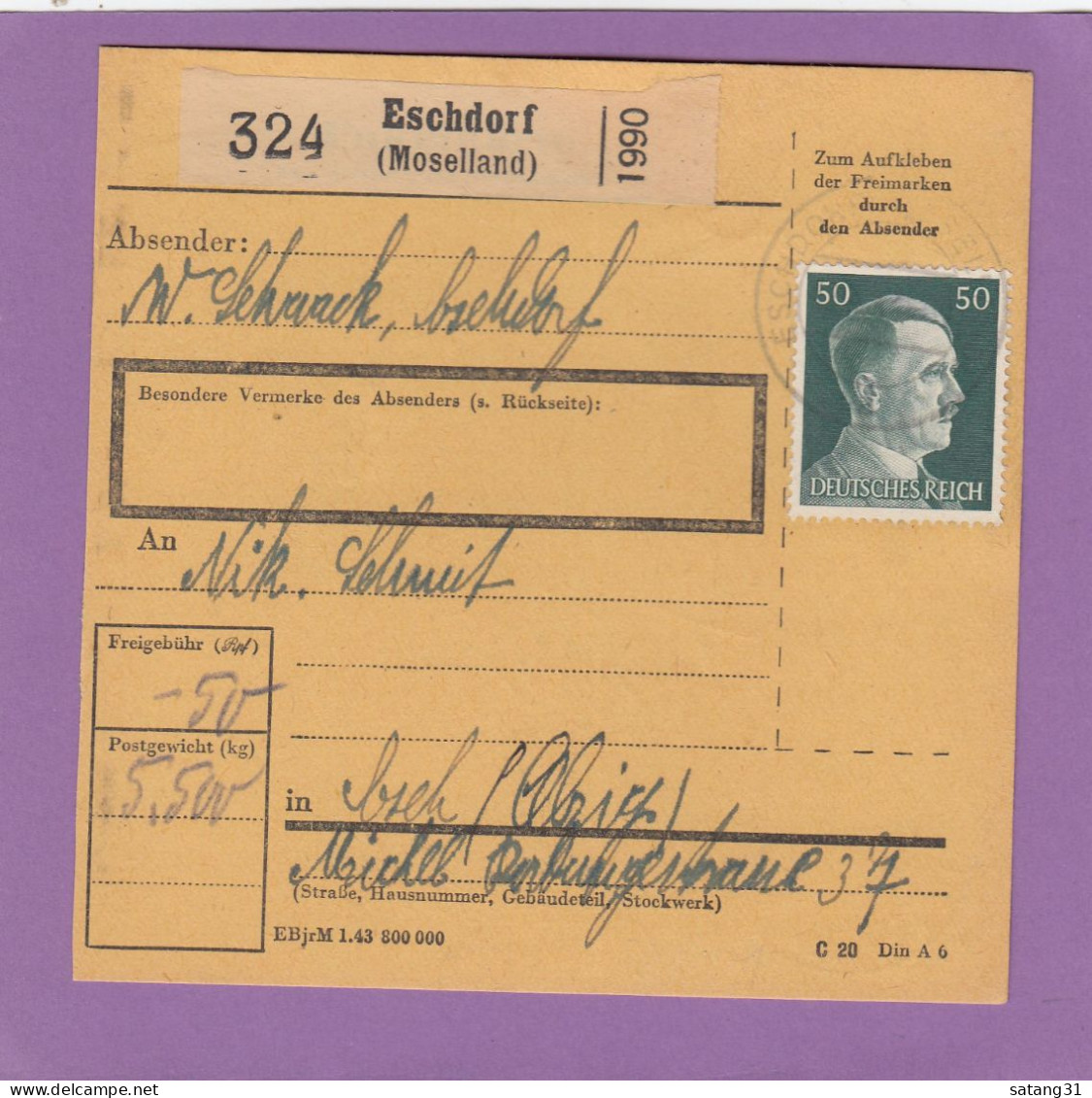 PAKETKARTE AUS ESCHDORF NACH ESCH/ALZIG,1944. - 1940-1944 Duitse Bezetting