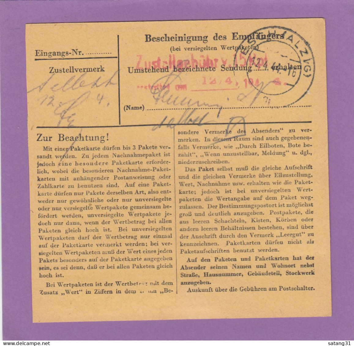 PAKETKARTE AUS ESCHDORF NACH ESCH/ALZIG,1944. - 1940-1944 Ocupación Alemana