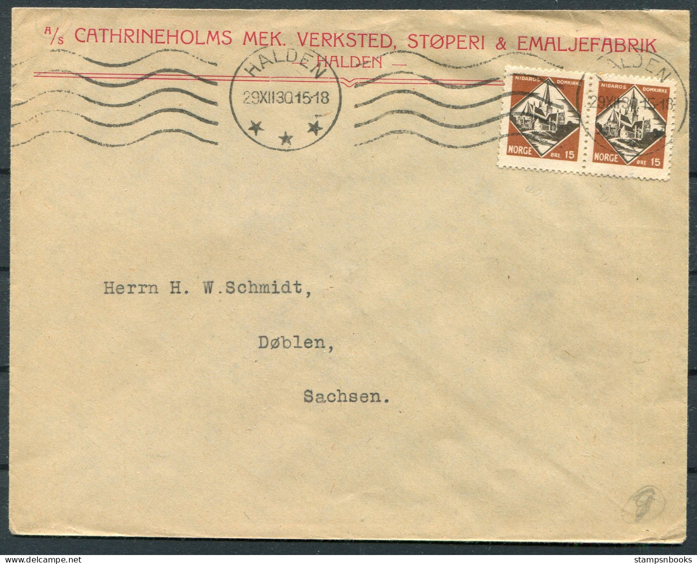 1930 Norway Pair Of St Olav Nidaros 15ore On Halden Cover - Doblen Germany, Norges Red Cross Vignette (reverse) - Brieven En Documenten