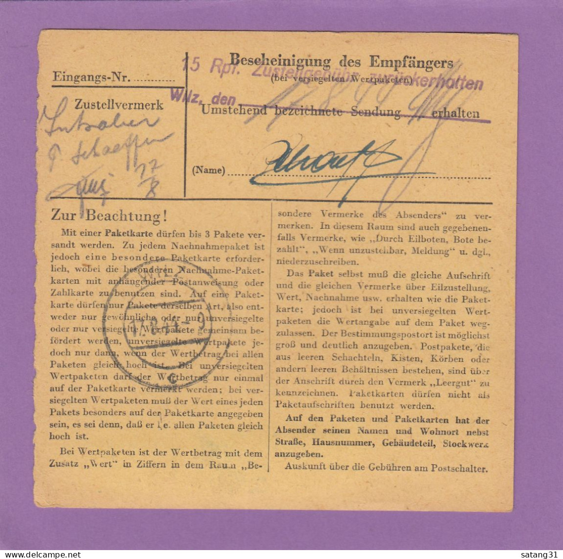 PAKETKARTE AUS  ESCH/ALZIG (EIWAG) NACH WILZ,SPÄTVERWENDUNG 16-8-1944. - 1940-1944 Duitse Bezetting