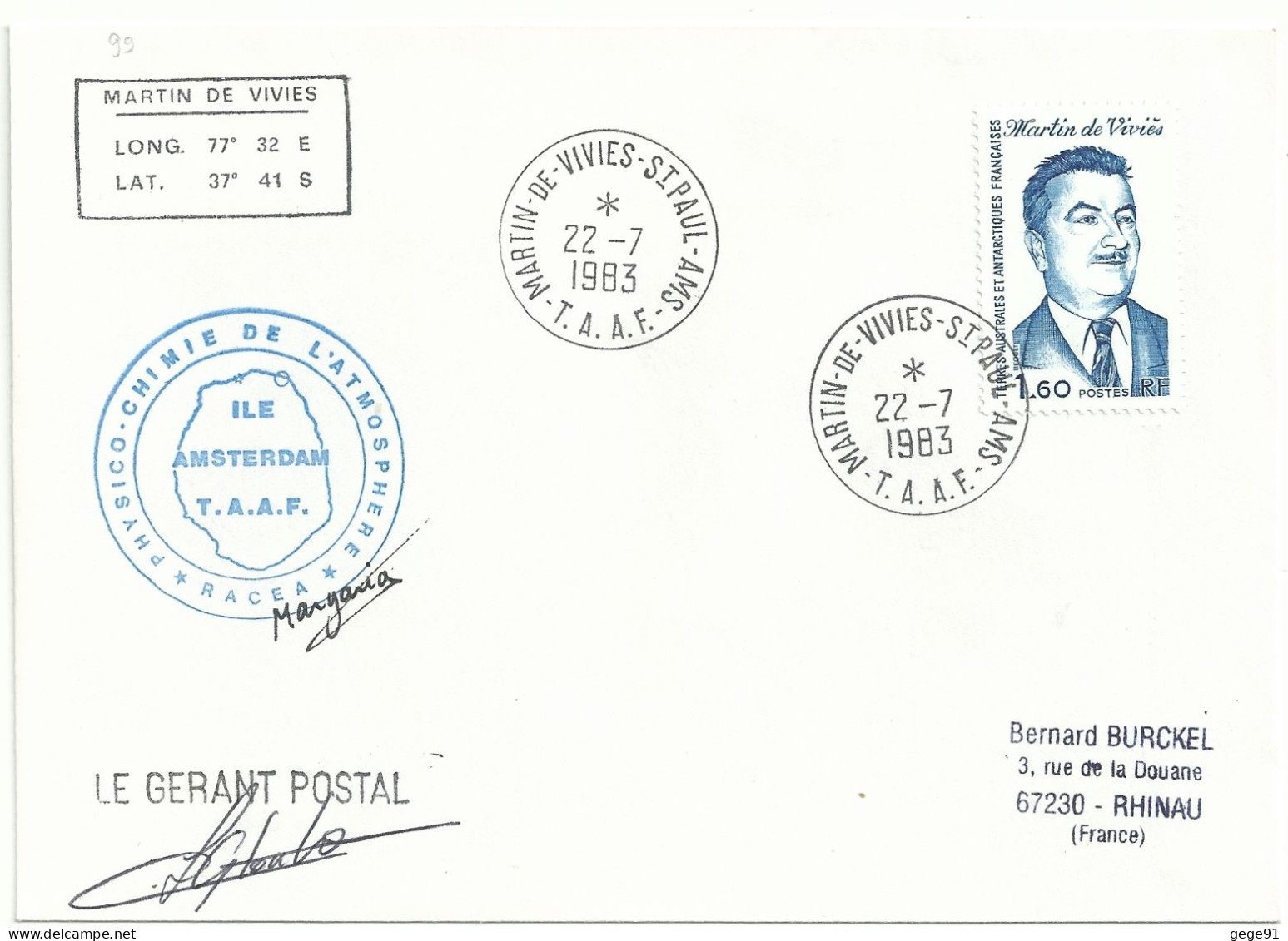 YT 99 Martin De Viviès - Gérant Postal - Saint Paul Amsterdam - 22/07/1983 - Brieven En Documenten