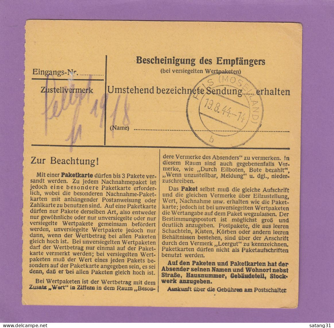 PAKETKARTE AUS  ESCH/ALZIG  NACH FELS,SPÄTVERWENDUNG 18-8-1944. - 1940-1944 Ocupación Alemana